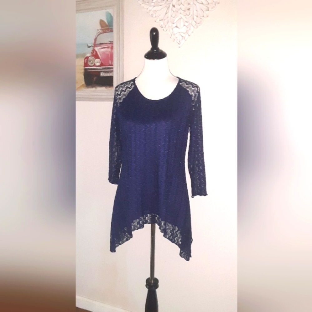 Navy Blue 3/4 Sheer Sleeve, Shimmer Tunic Blouse, size small
